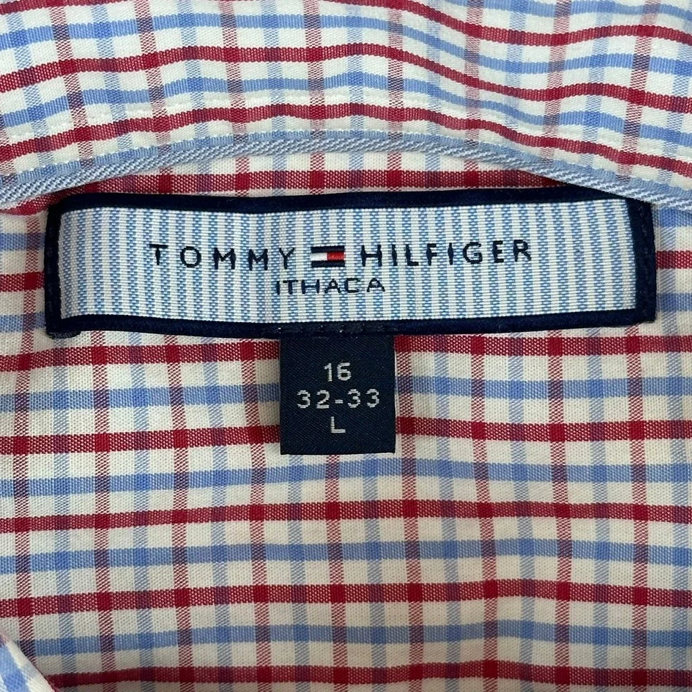 Tommy Hilfiger Ithaca Dress Shirt 16 32-33 Red White Blue Gingham Check Large
